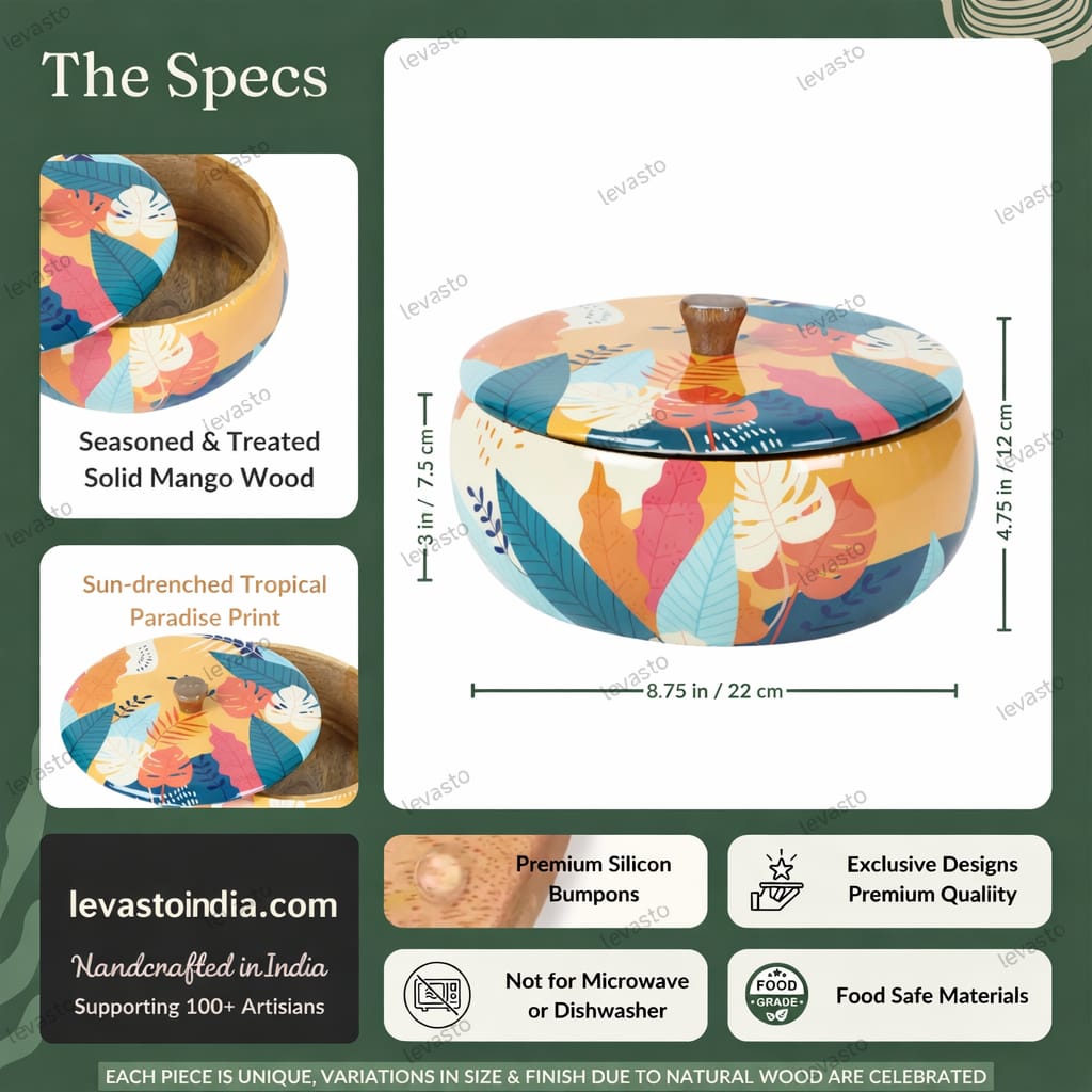 Wooden chapati box made from seasoned solid mango wood with tropical print, food-safe handcrafted roti storage box by Levasto India