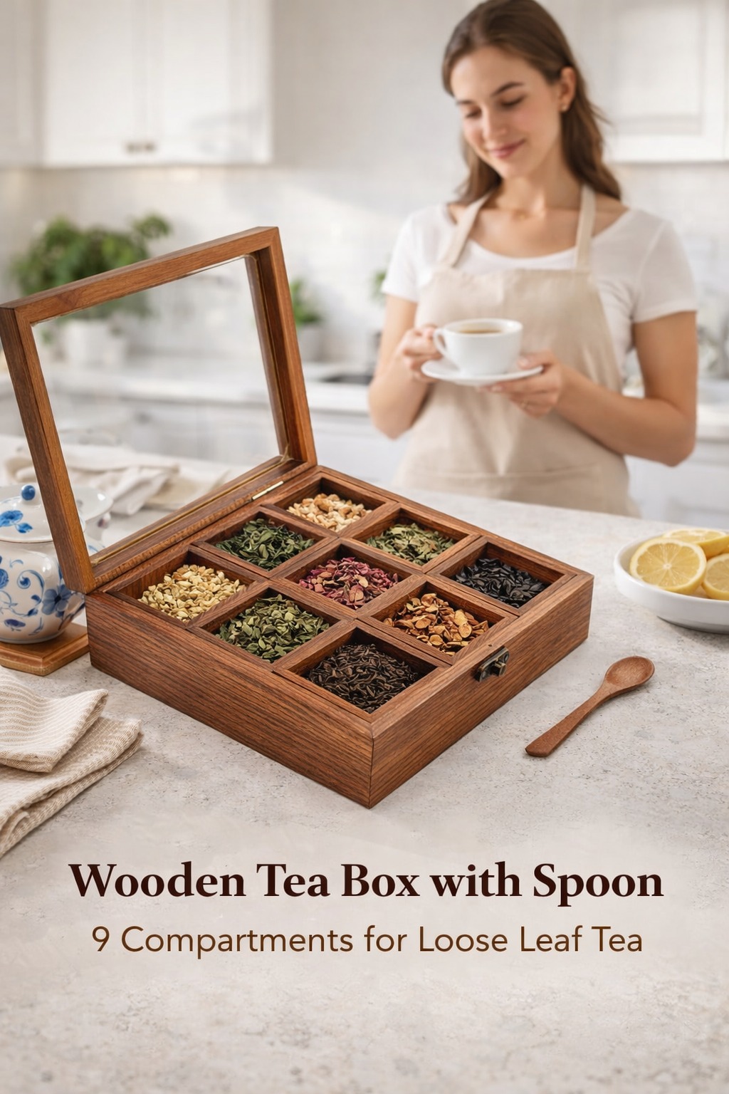 Premium natural wood spice box with 9 removable containers, handcrafted wooden masala organizer