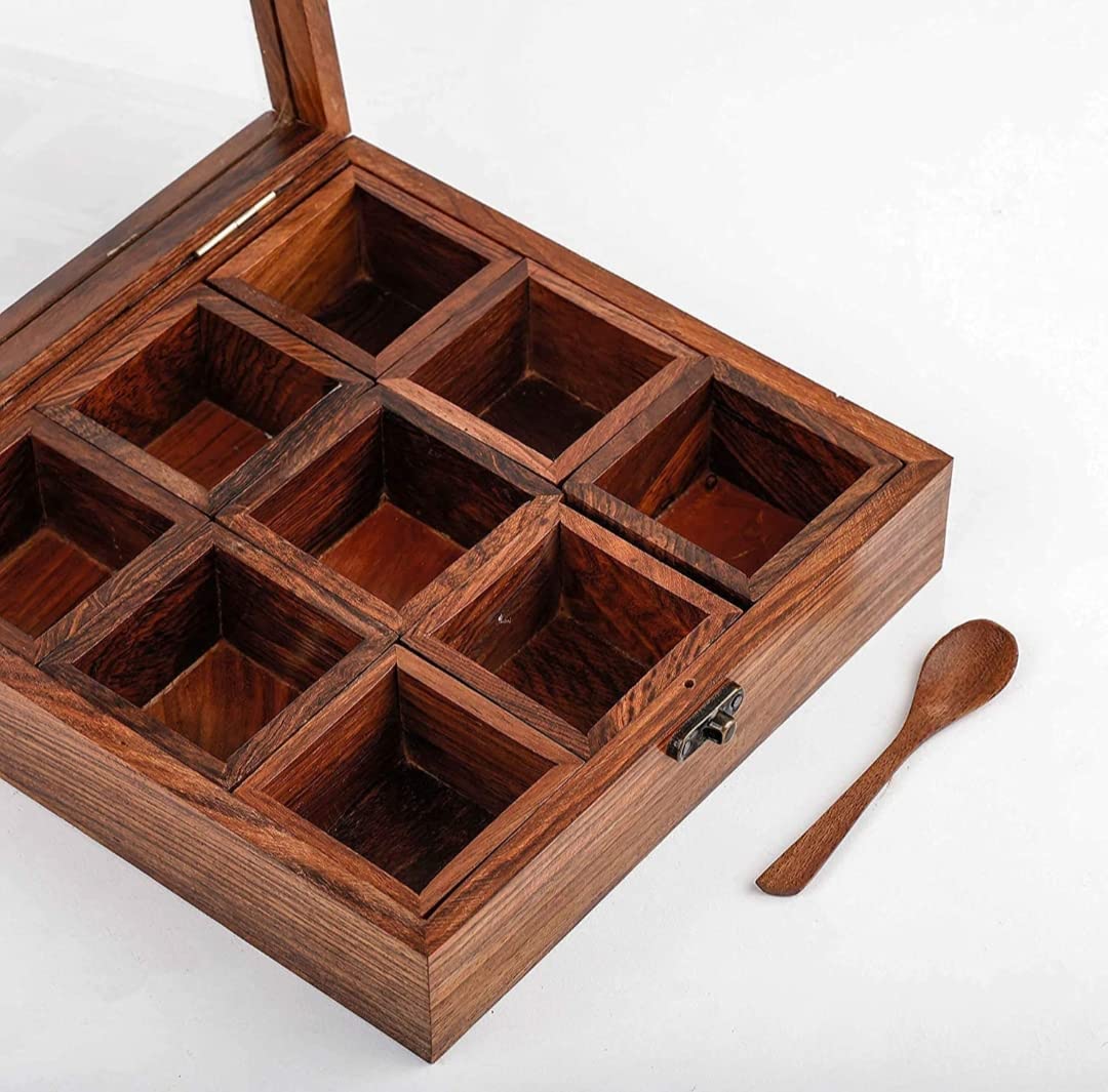 Handcrafted wooden masala box with 9 detachable containers, kitchen spice organizer for daily cooking