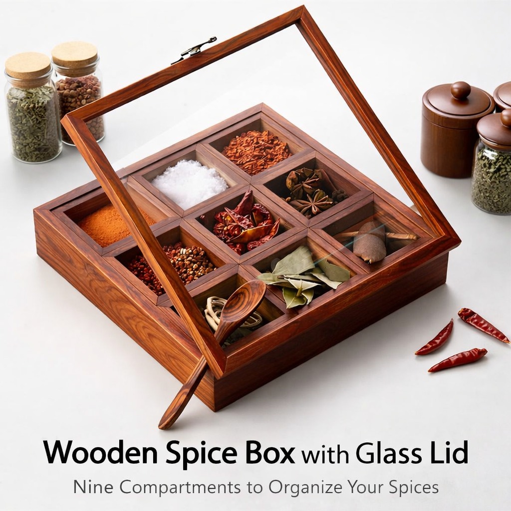 Wooden spice box with 9 detachable containers, handcrafted wooden masala box for organized kitchen storage