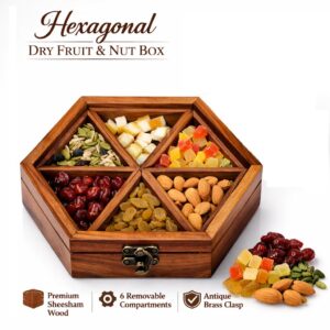 Hexagonal wooden dry fruit and spice box with 6 removable compartments made of premium sheesham wood