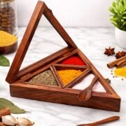 Premium sheesham wood triangular spice box with compartments, handcrafted wooden masala box for kitchen storage