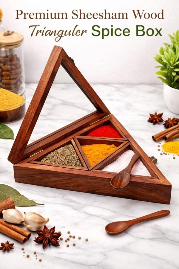 Premium sheesham wood triangular spice box with compartments, handcrafted wooden masala box for kitchen storage