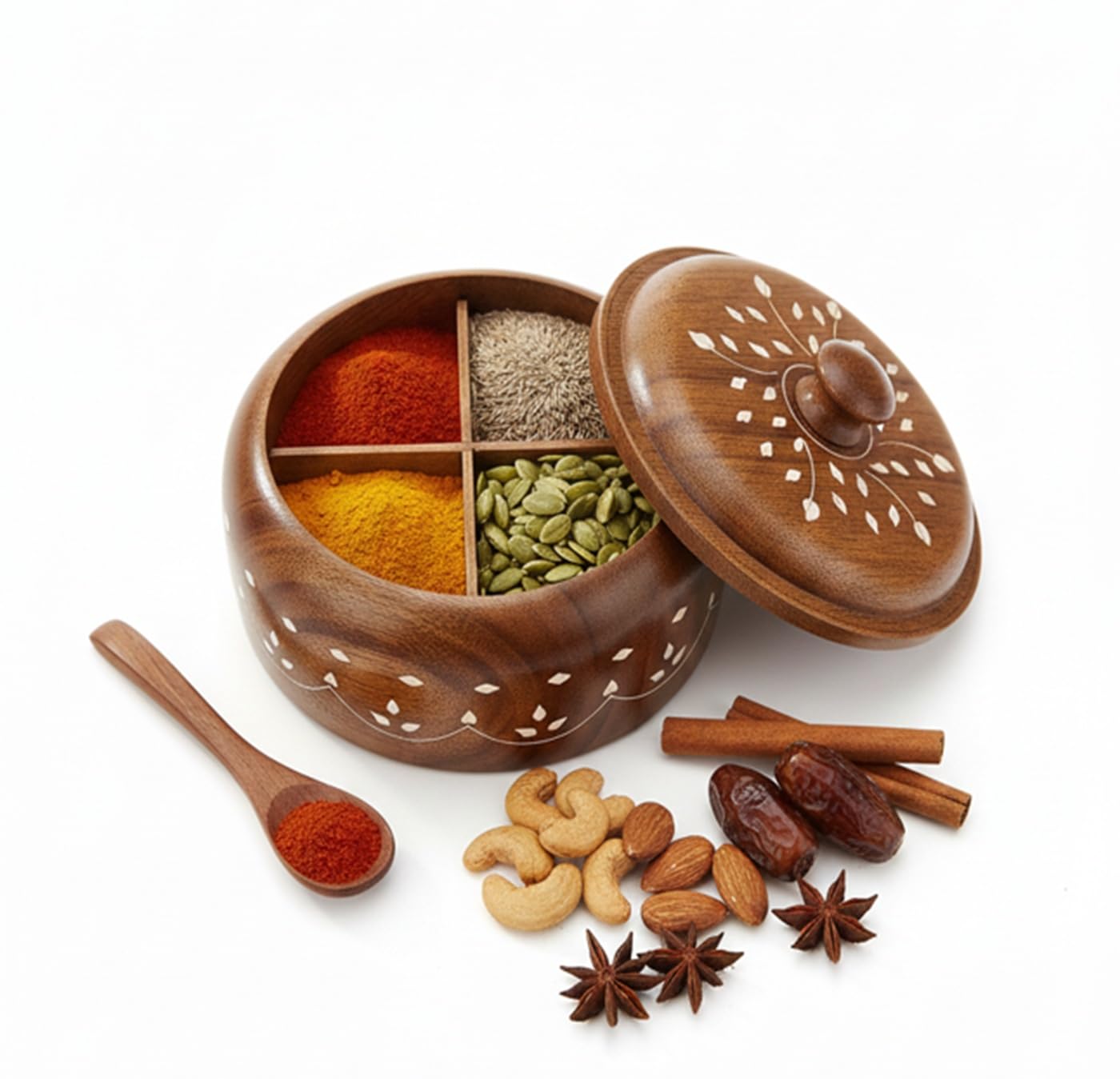 Wooden spice box 4 partition round masala organizer