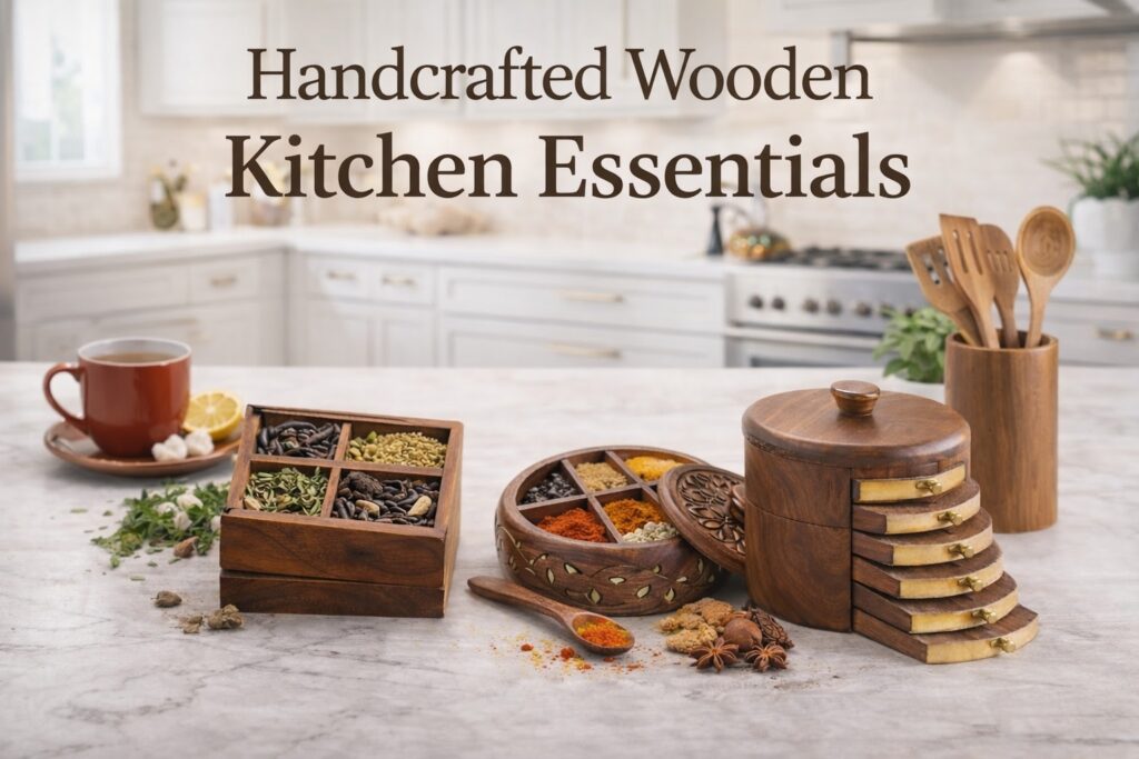 Handcrafted wooden kitchen essentials including spice boxes and storage containers