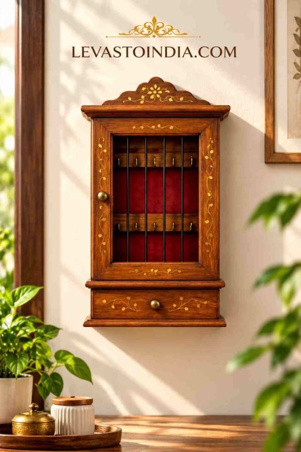 Handcrafted wooden key holder with drawer for wall