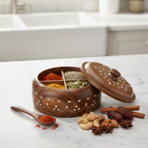 Round wooden spice box with 4 fixed partitions for Indian kitchen