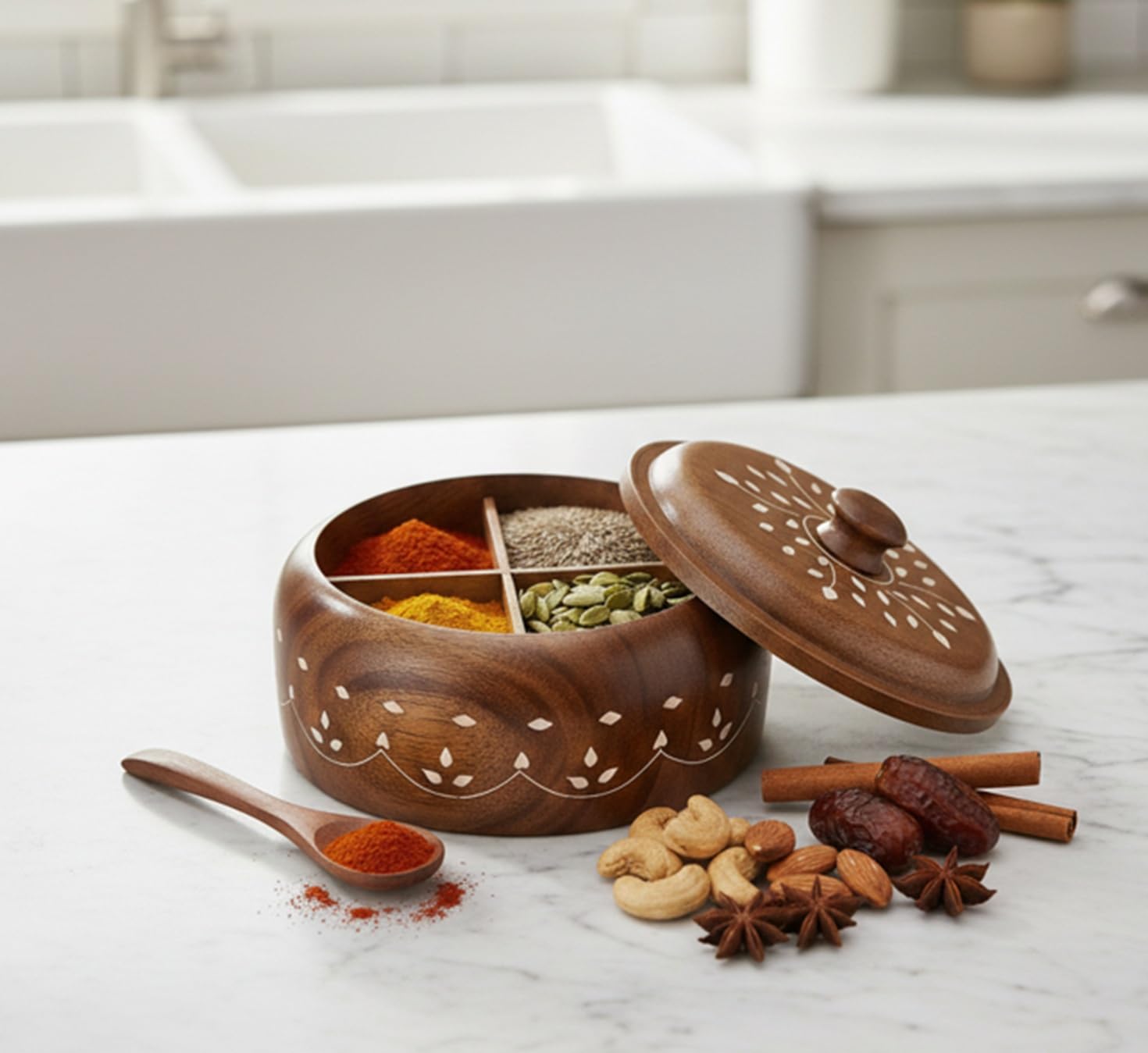 Round wooden spice box with 4 fixed partitions for Indian kitchen