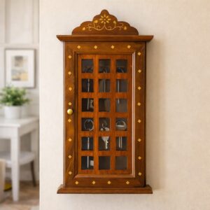 Wooden key holder cabinet with glass door wall mounted