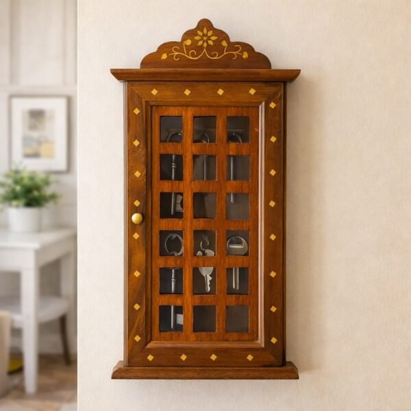 Wooden key holder cabinet with glass door wall mounted