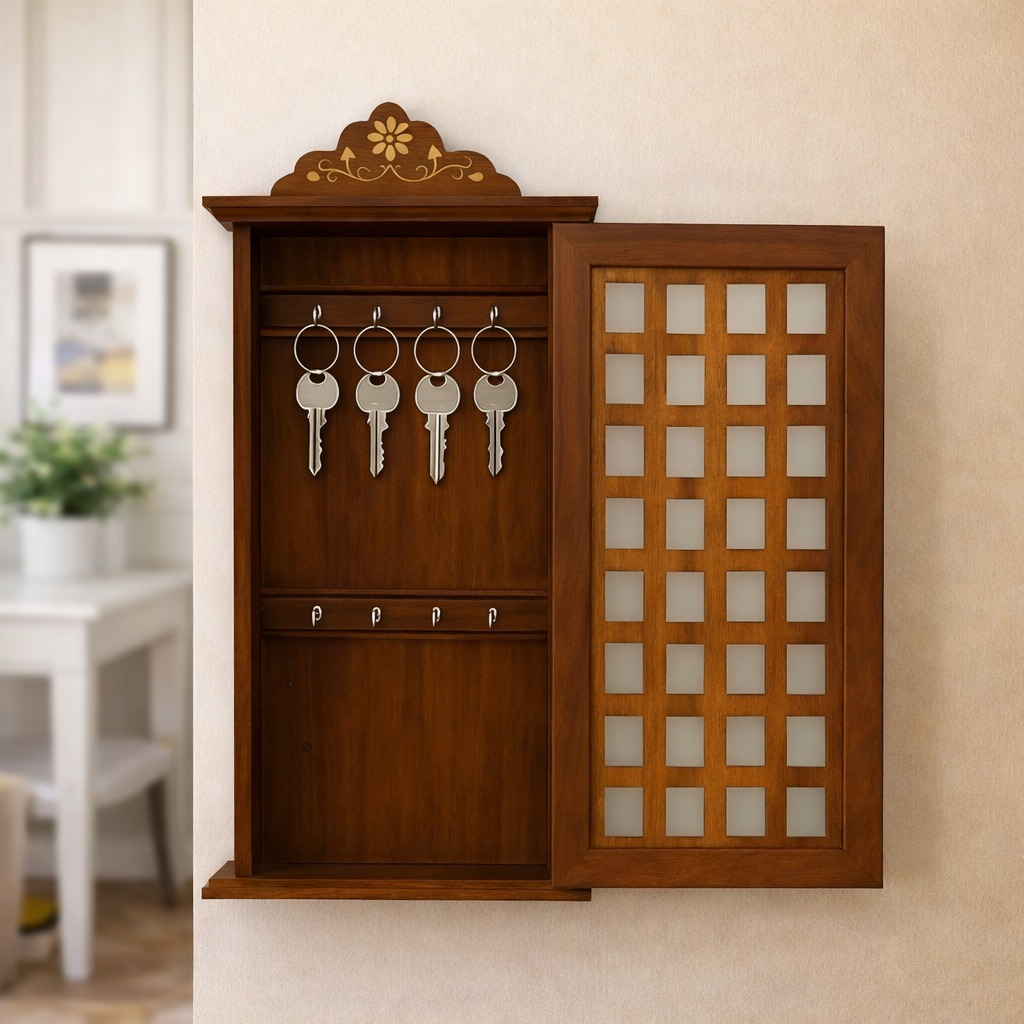 Wall mounted wooden key cabinet with hooks
