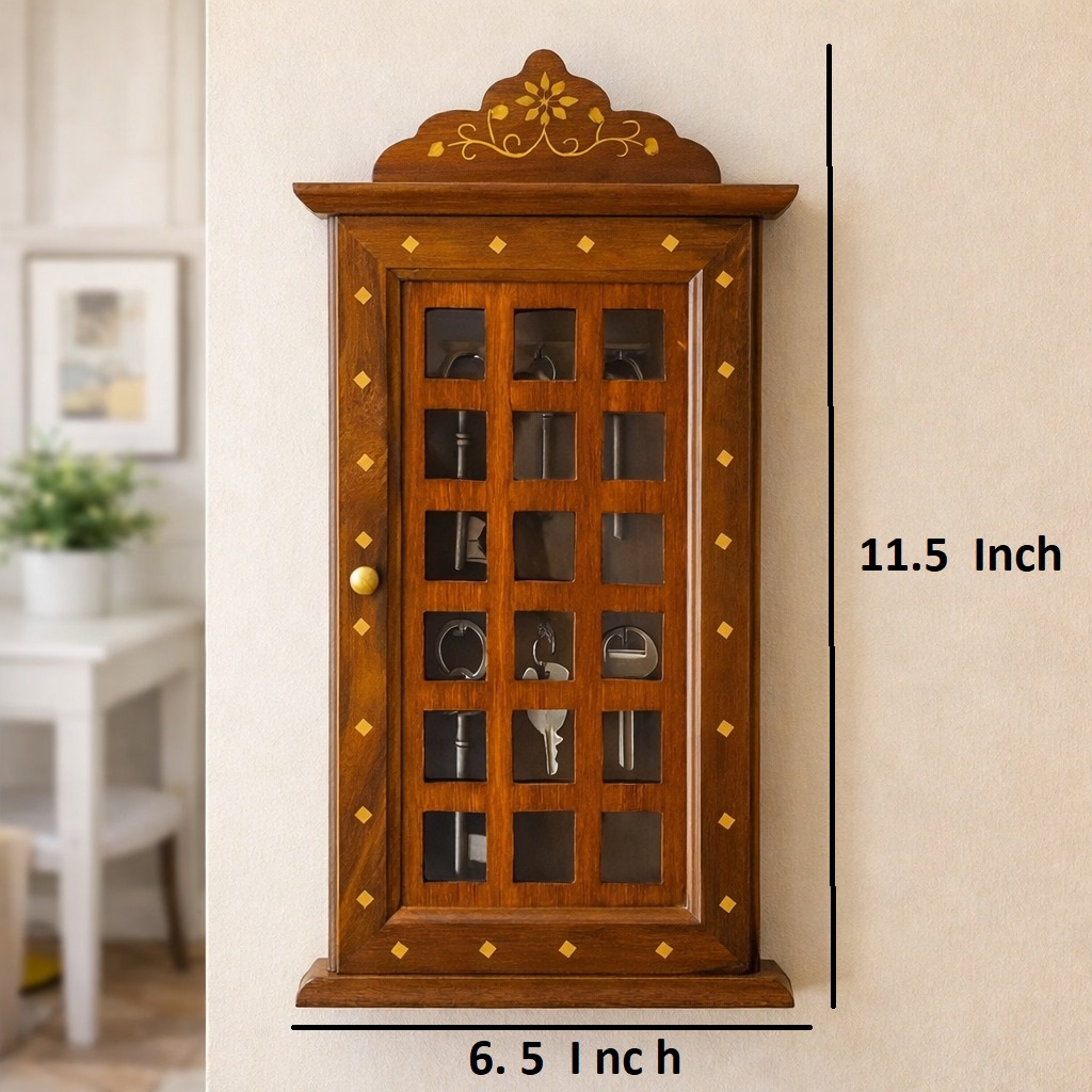Premium wooden key holder for wall with glass panel