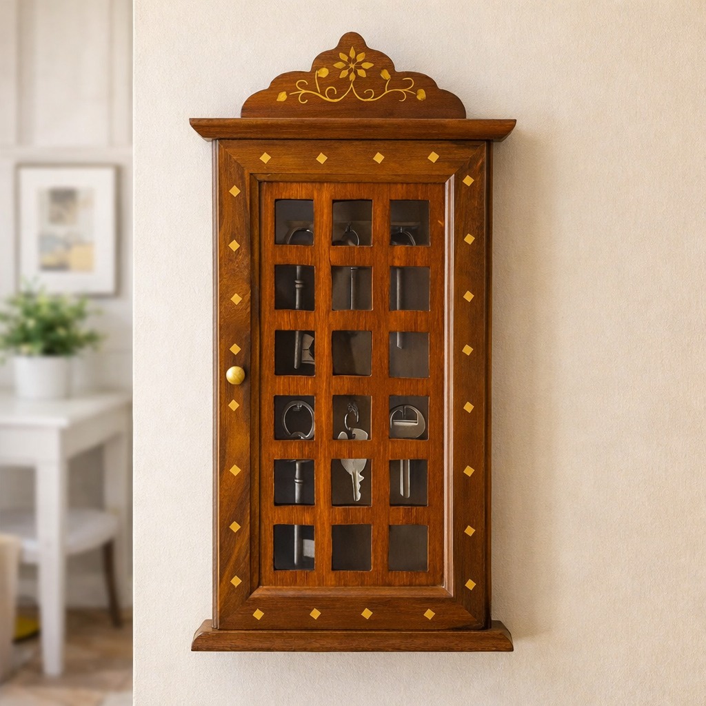 Wooden key holder cabinet with glass door wall mounted