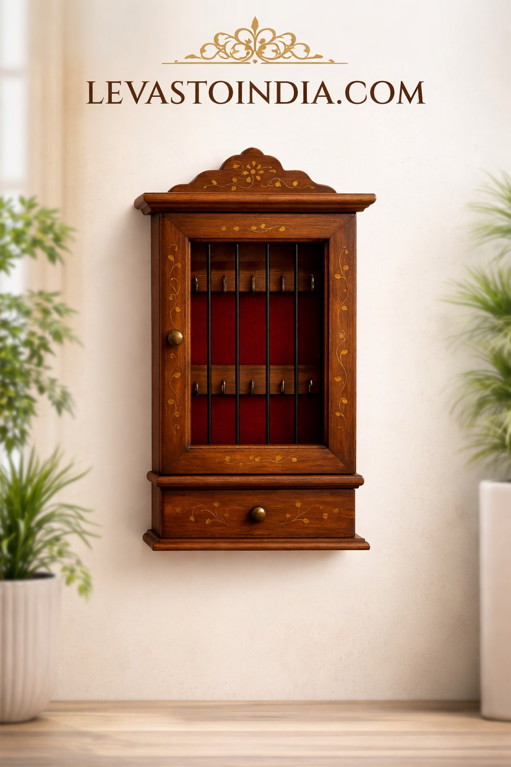 Wooden key holder with drawer for home wall