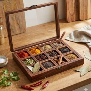 Wooden spice box with 12 containers for Indian kitchen