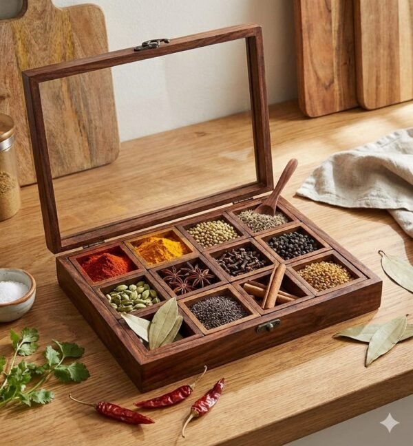 Wooden spice box with 12 containers for Indian kitchen