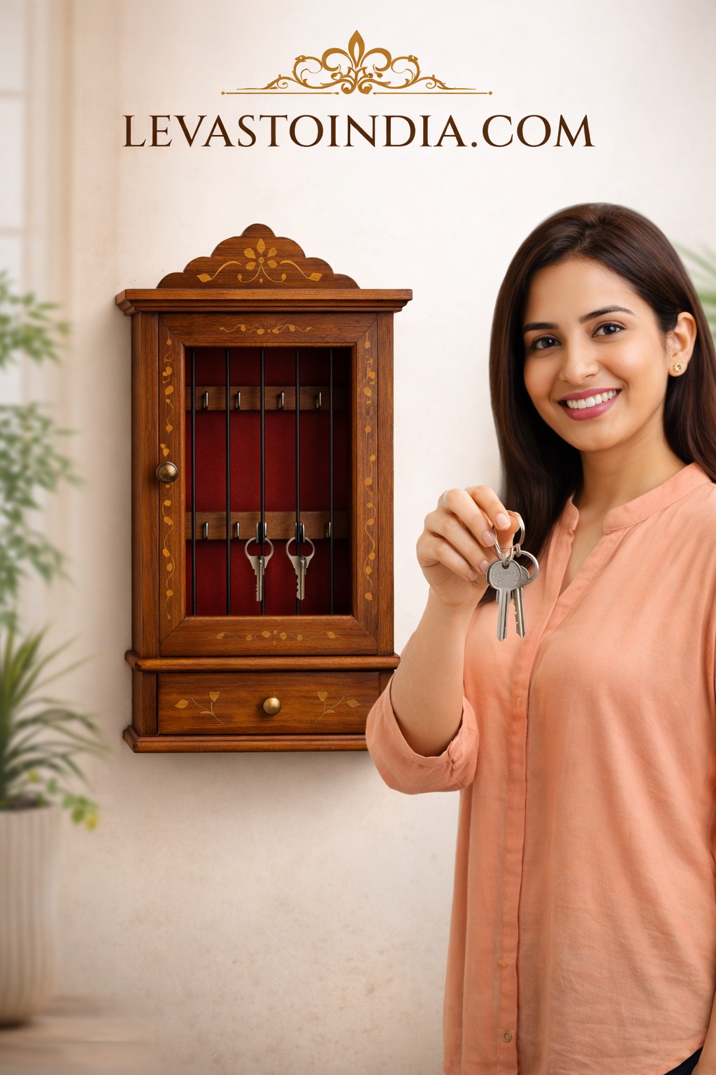 Handcrafted wooden key cabinet with hooks