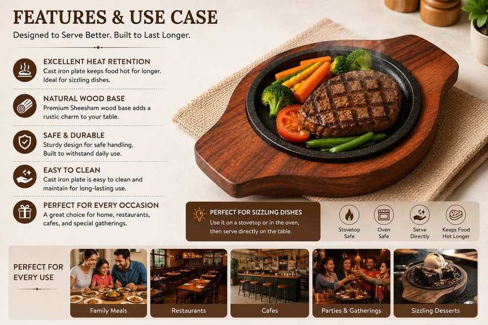 Wooden sizzler serving plate for snacks and starters