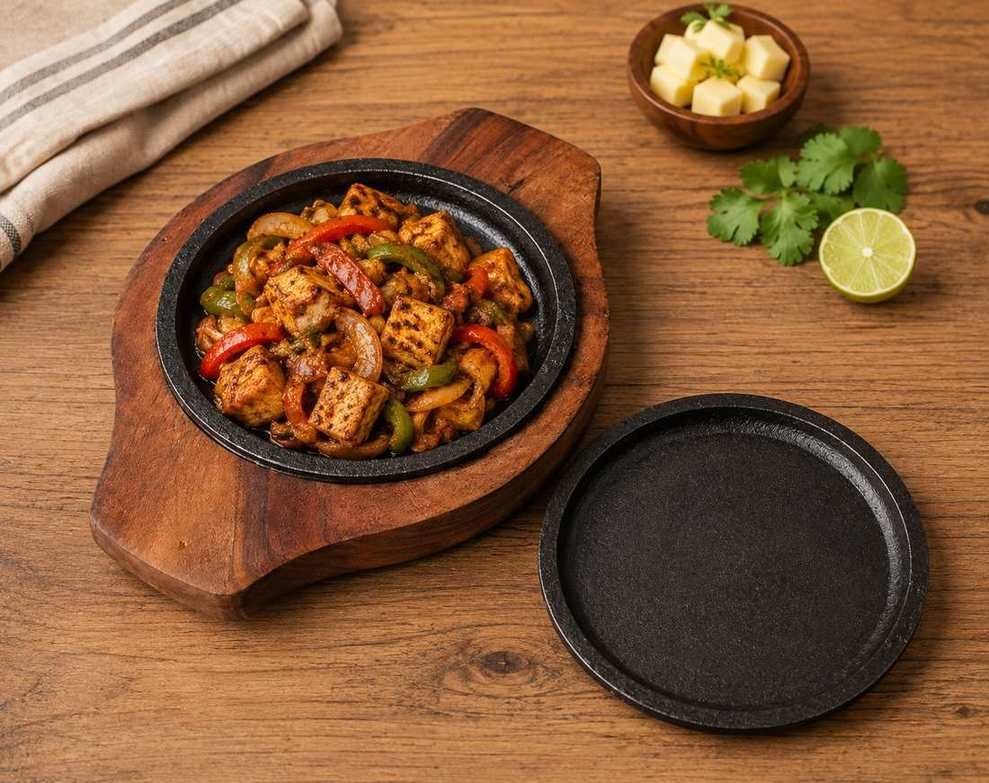 Close up of Levasto wooden sizzler serving plate and pan