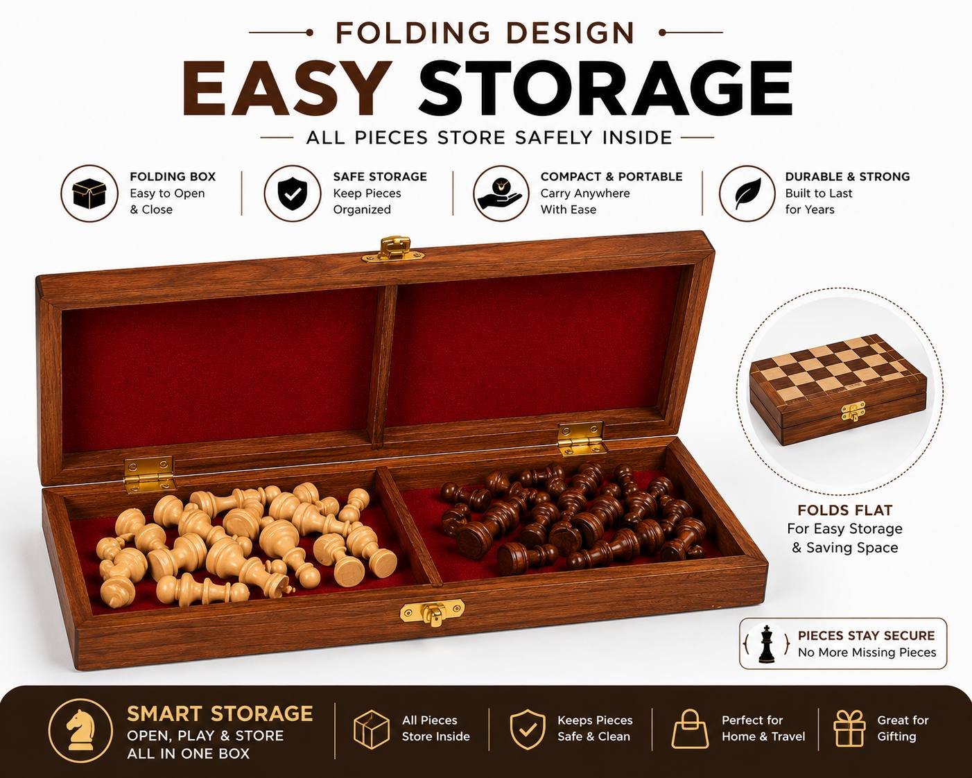 Folding wooden chess board with chess pieces stored inside the box