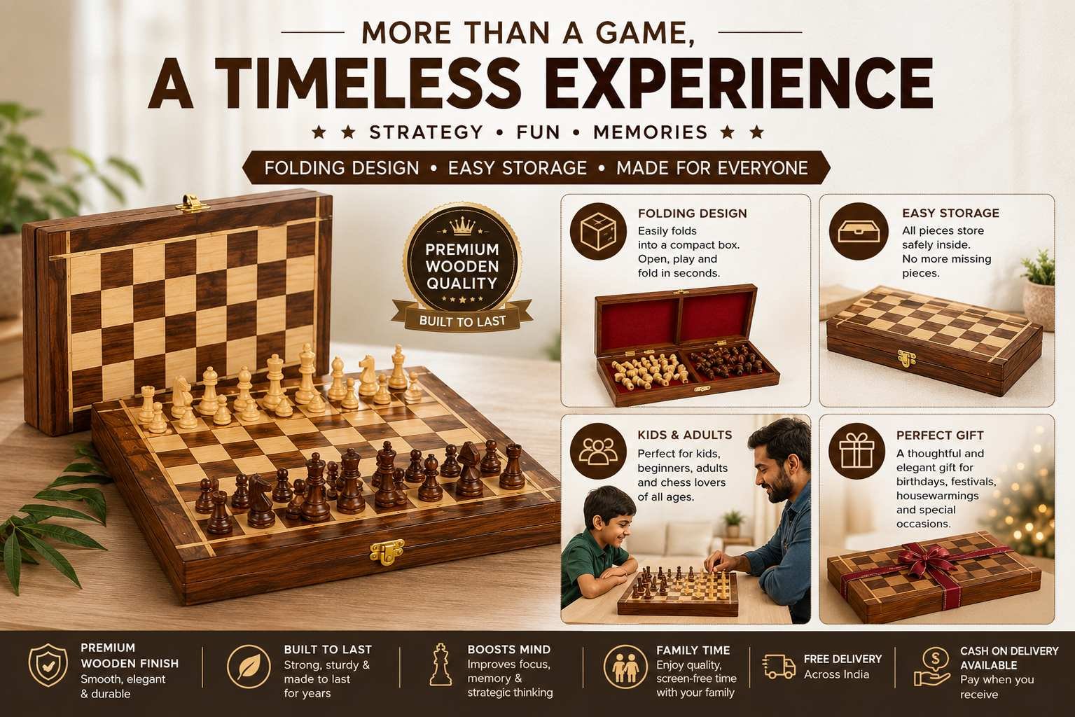 Folding wooden chess set suitable for kids adults and gifting