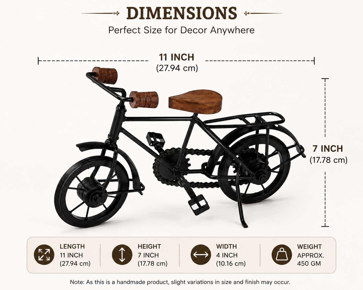 Iron Cycle showpiece 7x11 inch dimensions and size details