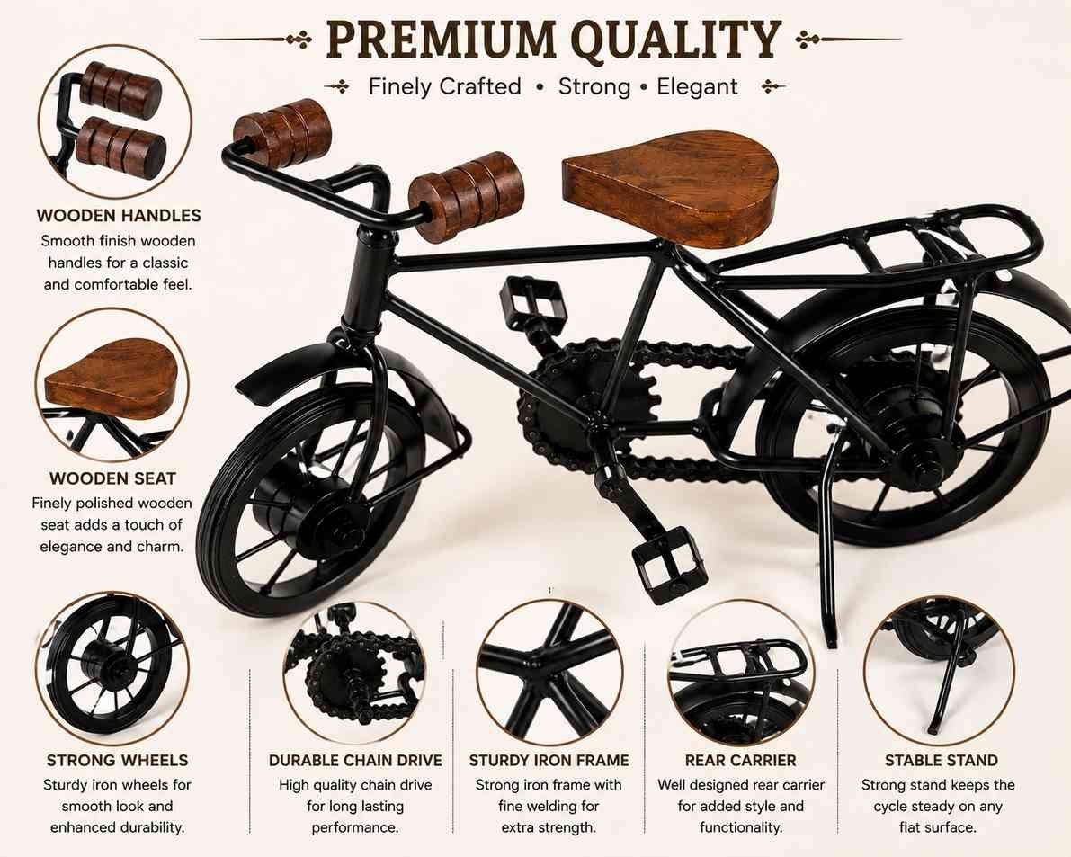 Handcrafted iron cycle 7x11 inch with detailed metal craftsmanship