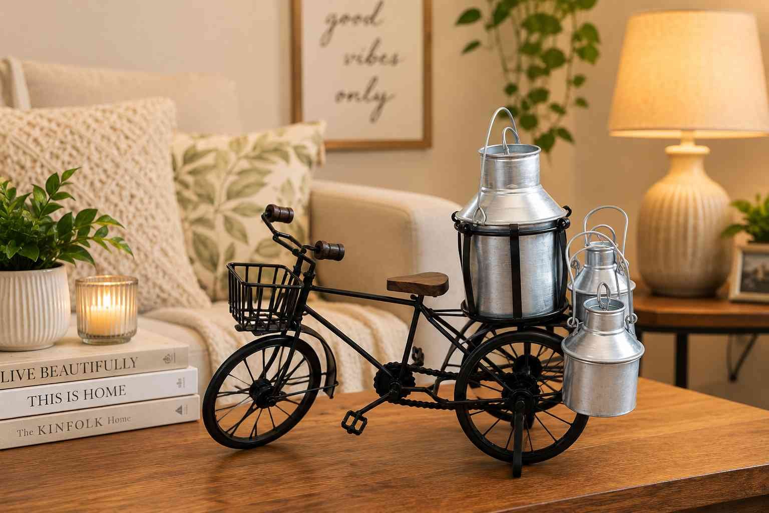 Handcrafted iron milk can with detailed metal craftsmanship