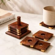 Wooden tea coaster set with holder and six square coasters