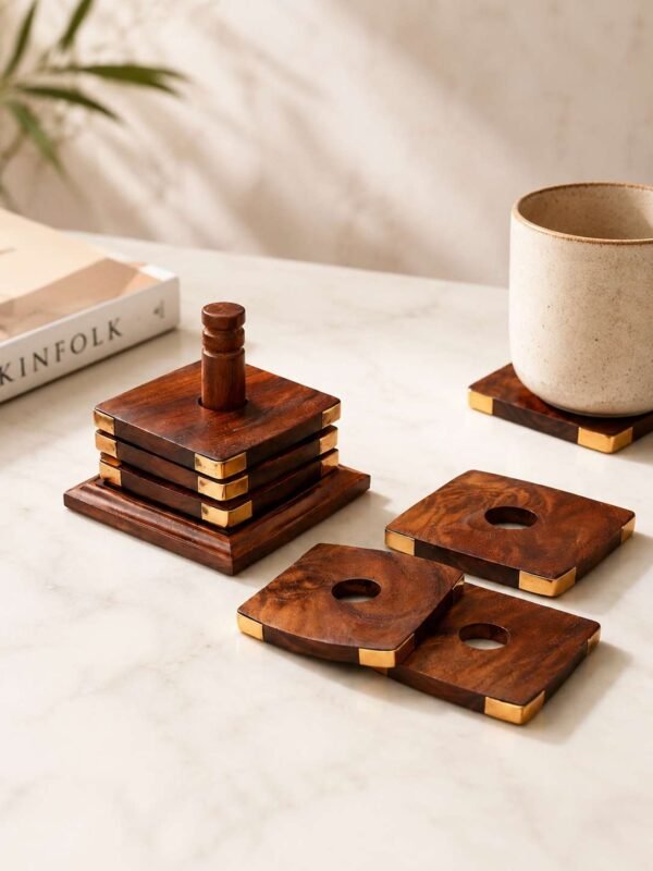 Six-piece square wooden coaster set with holder for drinks