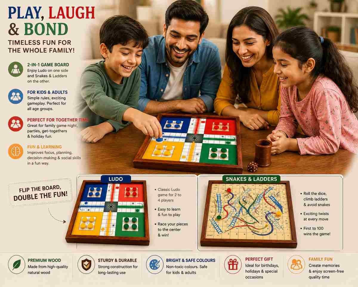 Family playing wooden Ludo and Snakes and Ladders board game