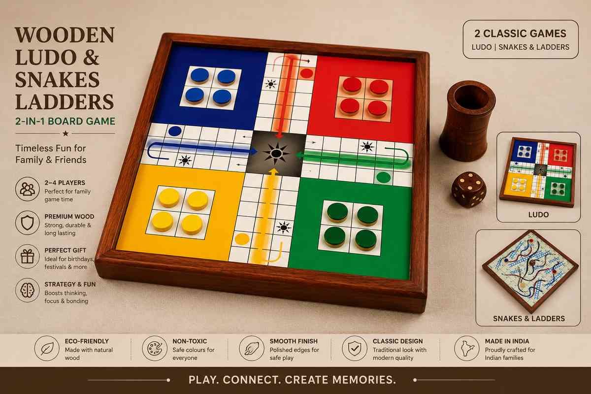 Wooden Ludo and Snakes and Ladders 2-in-1 board game