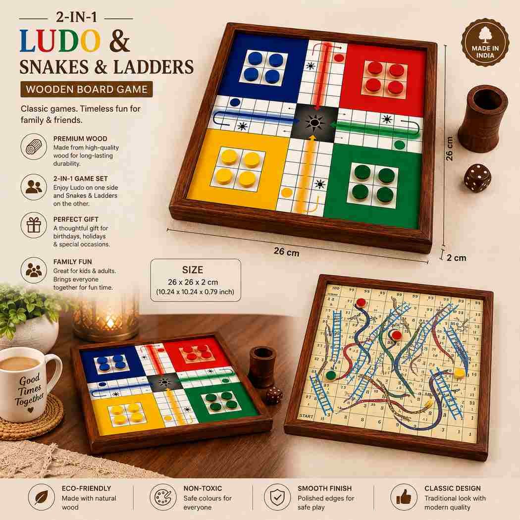 Wooden Ludo and Snakes and Ladders 2-in-1 Board Game