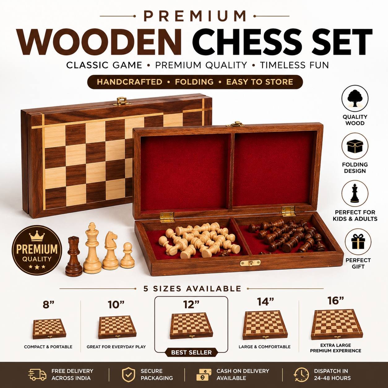 Premium wooden chess set with folding chess board and wooden pieces