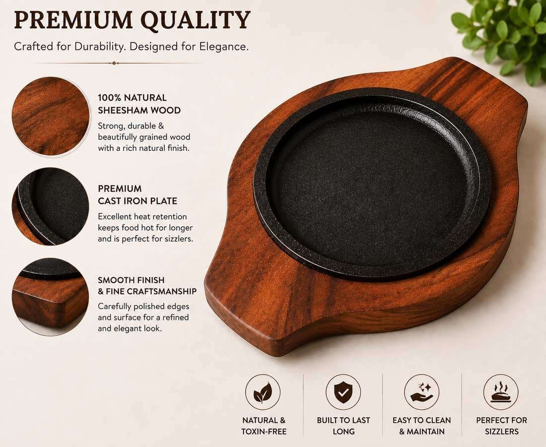 Side view of wooden sizzler serving plate with round pan