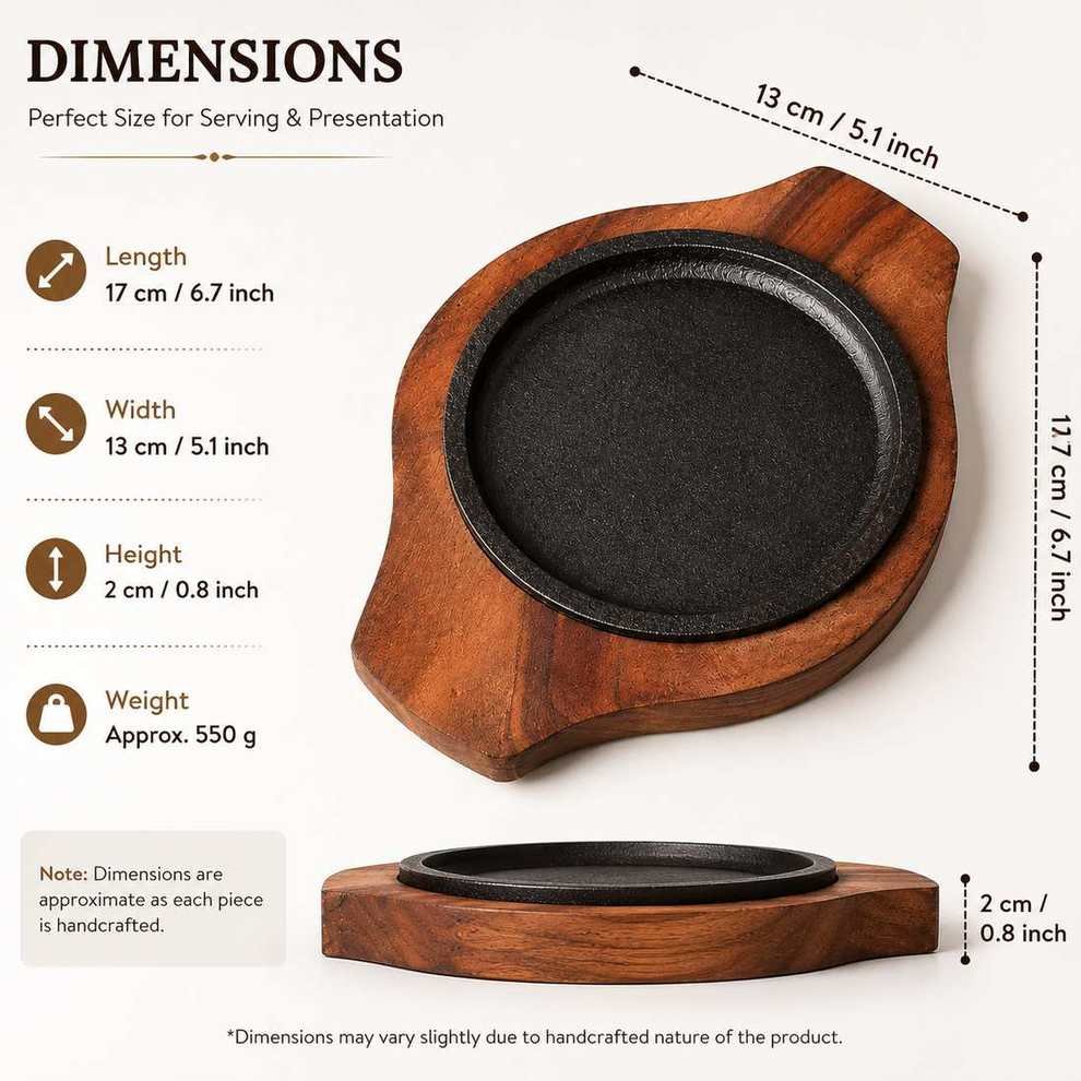 Wooden sizzler serving plate 17 cm x 13 cm dimensions