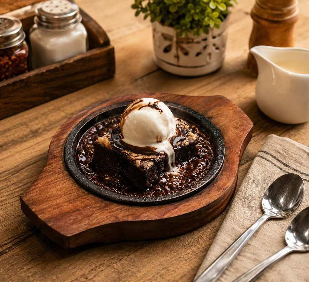Wooden sizzler plate with round serving pan for starters