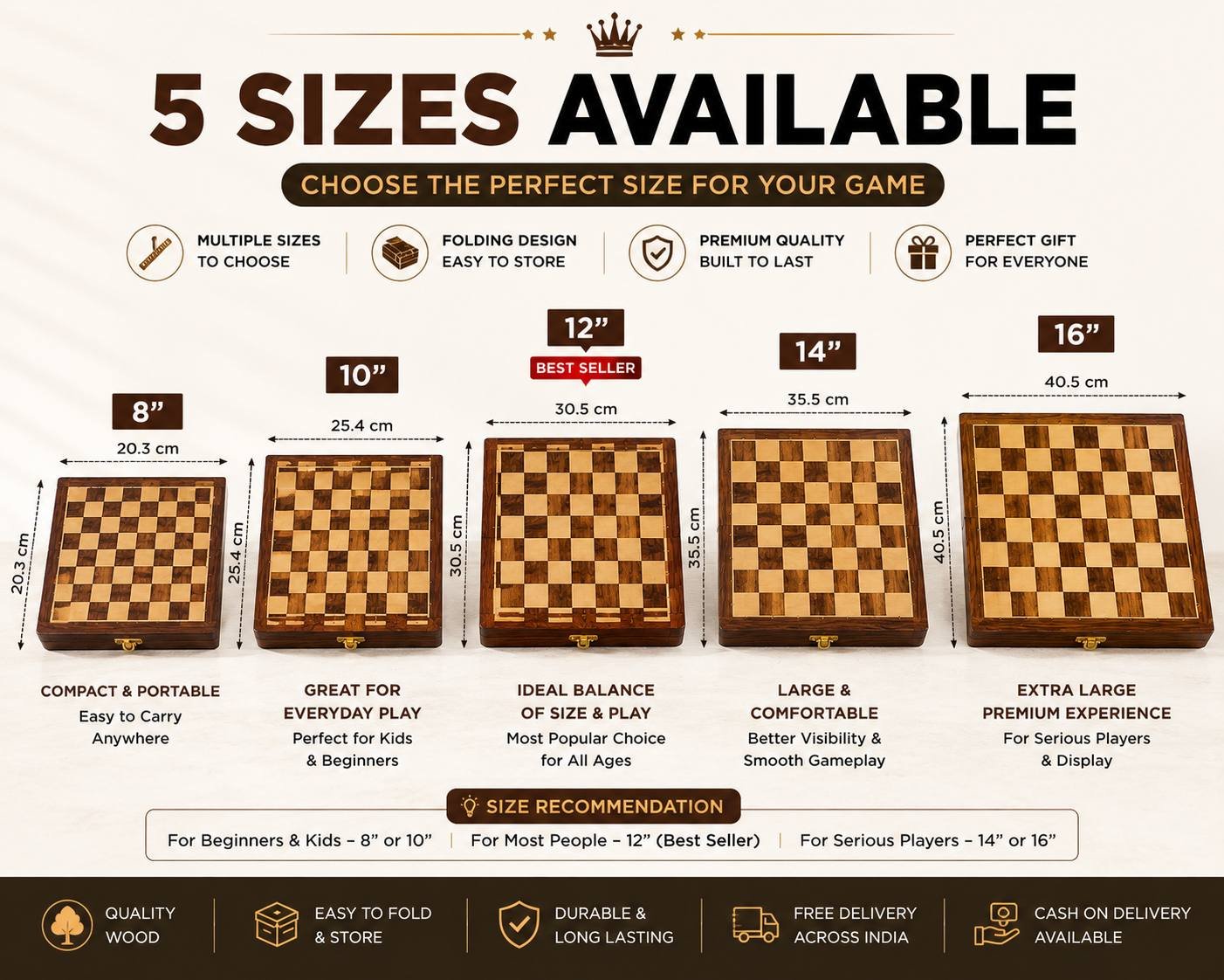 Wooden chess boards available in 8 10 12 14 and 16 inch sizes