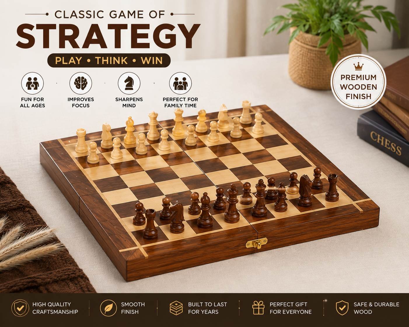 Wooden chess board opened with brown and cream chess pieces ready for play