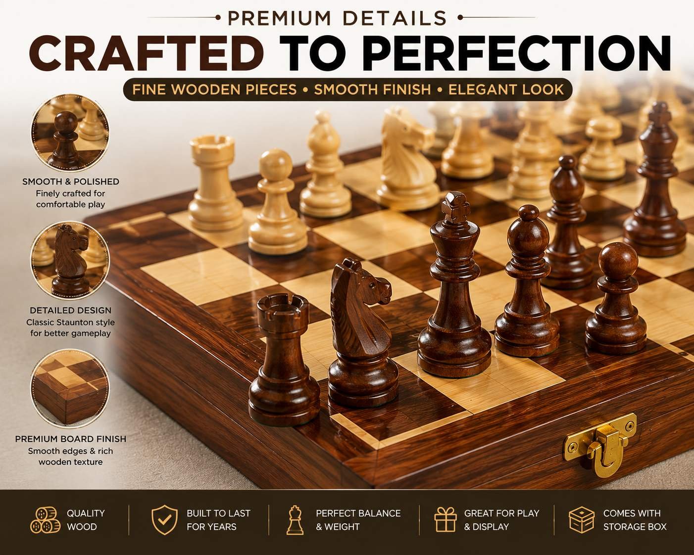 Close up of wooden chess pieces and detailed chess board finish