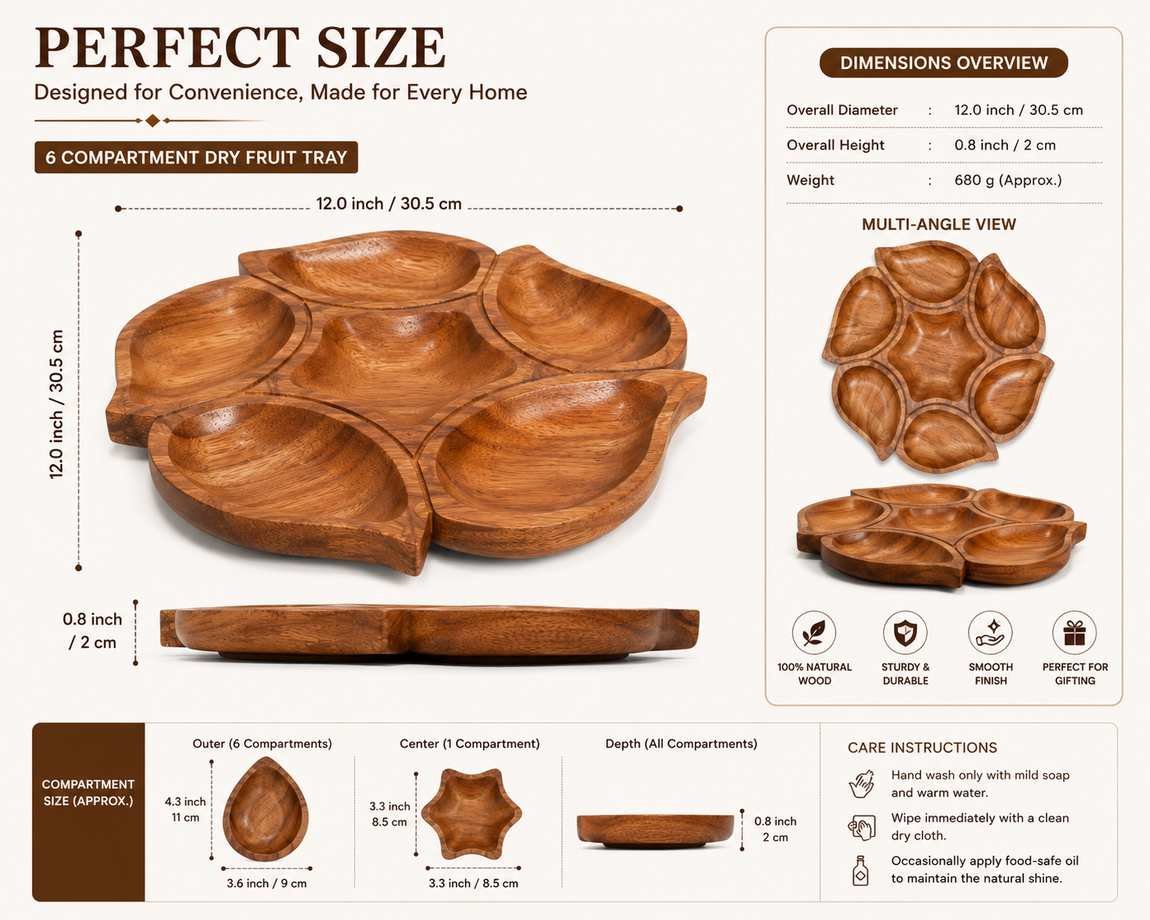 23 cm wooden dry fruit tray with 6 compartments dimensions