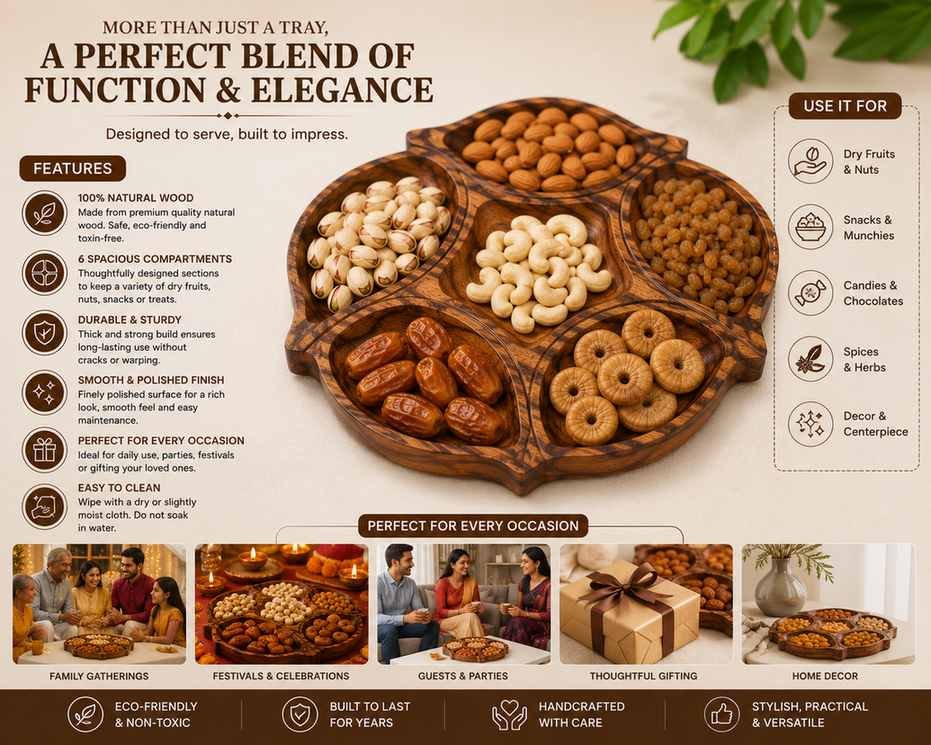 Sheesham wood dry fruit tray for serving snacks and festive gifting