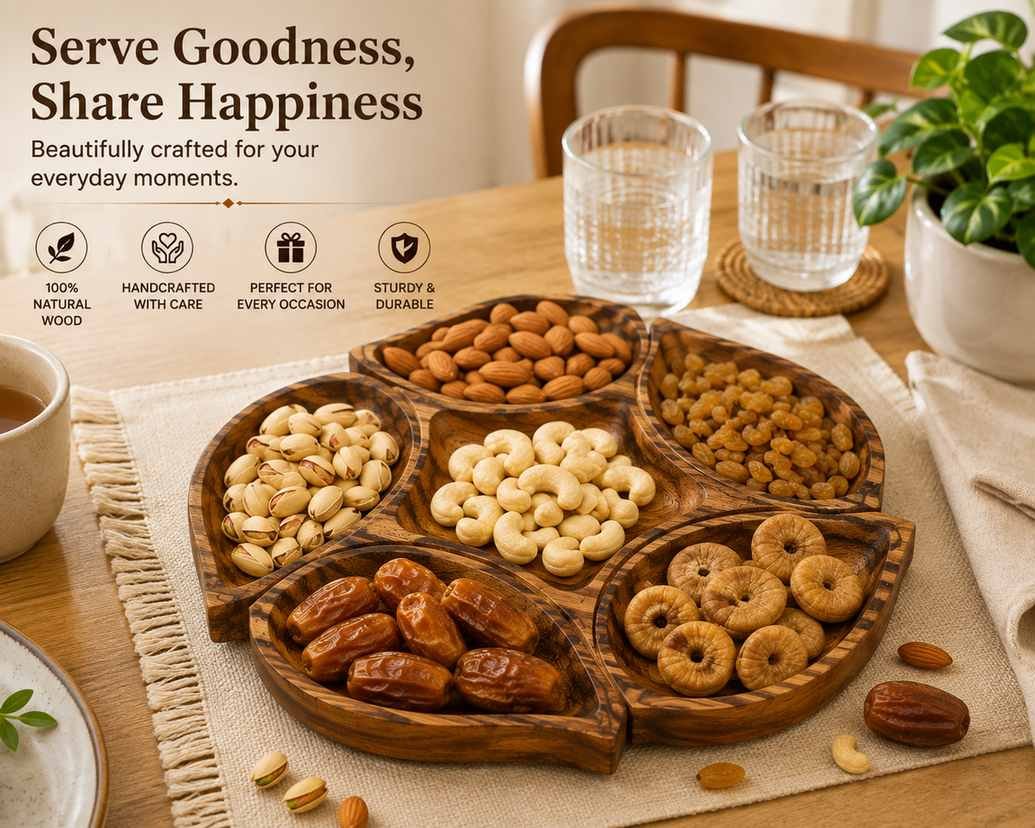 Close-up of handcrafted Sheesham wood dry fruit tray with smooth finish