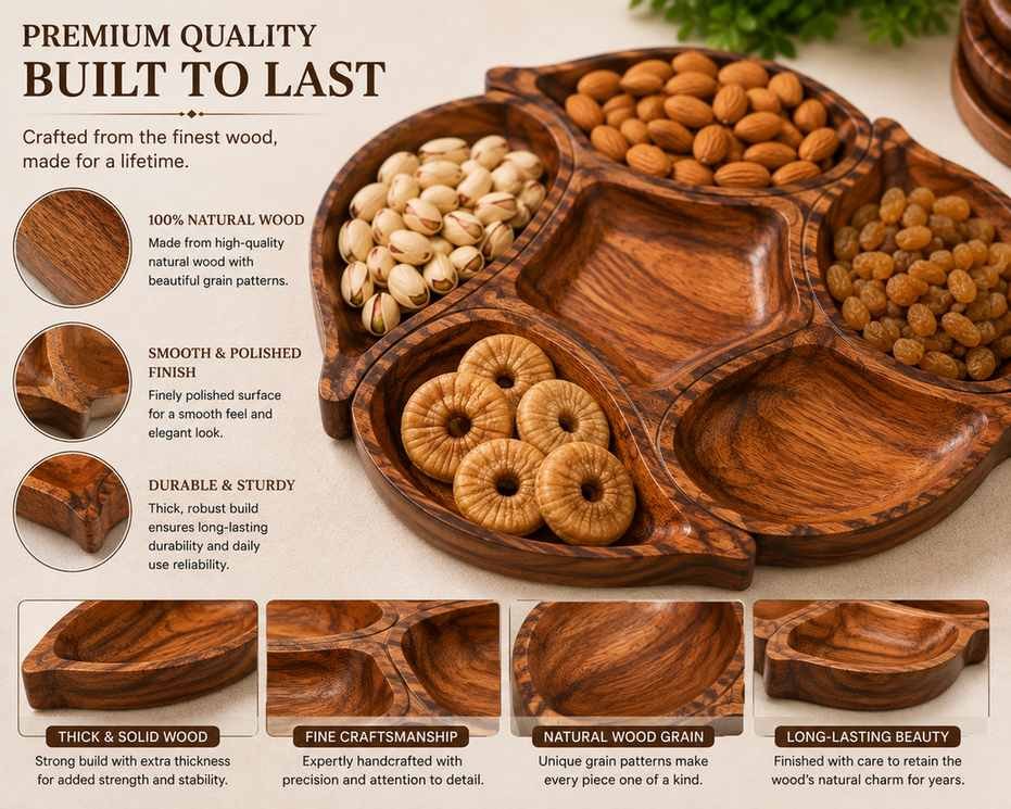 6 compartment wooden dry fruit serving tray with flower shape
