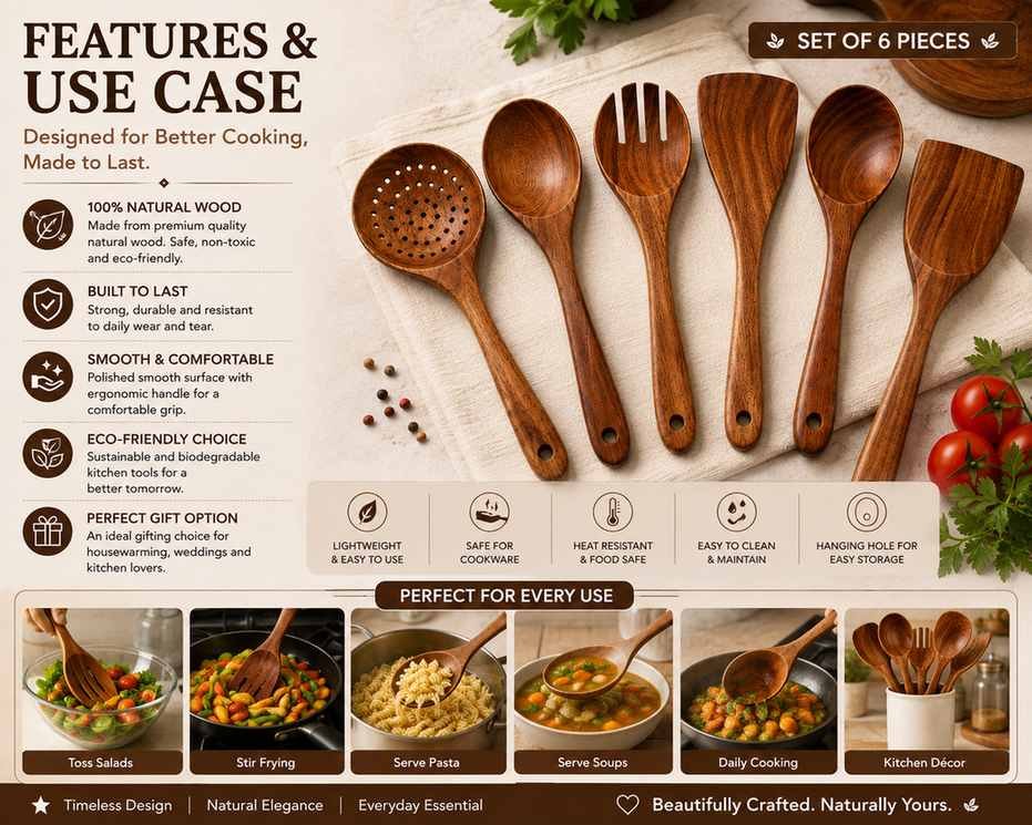 Wooden kitchen utensil set for everyday cooking and serving