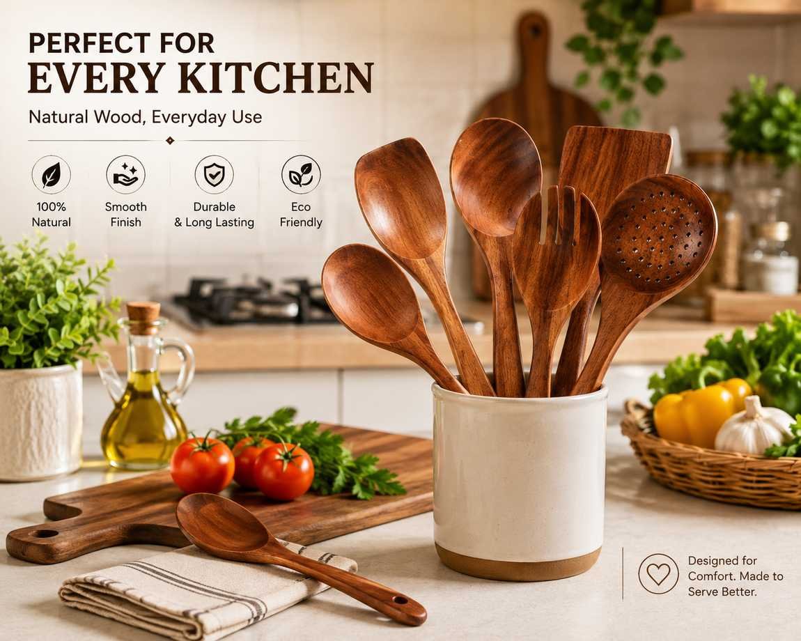 Six piece wooden kitchen tools set with spoons and spatulas