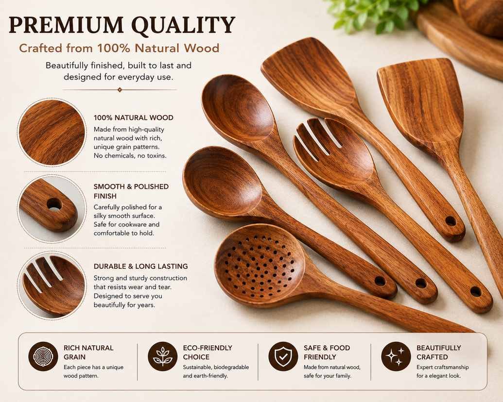 Natural wooden cooking utensils set for kitchen use
