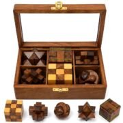 Wooden puzzle box gift set with 6 brain teaser games