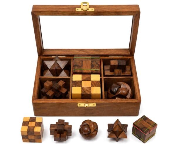 Wooden puzzle box gift set with 6 brain teaser games