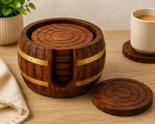 Wooden coaster set with barrel holder for drinks and coffee table